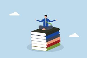 intelligent successful businessman reflecting and acquiring new abilities on a pile of business literature. vector