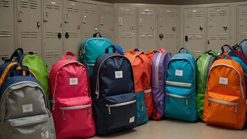 Charming Display of Trendy Backpacks on Shelves Featuring Various Colors for Engaging Educational and Creative Projects photo