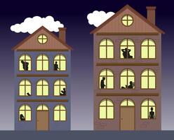 Different life situations, view from the window. City window at night. Apartment buildings with windows. vector