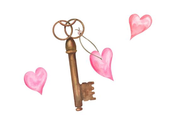 Watercolor vintage antique copper metal key with hanging heart in romantic style. Romantic element with shabby rusty texture hand drawn illustration for Valentine day, wedding card