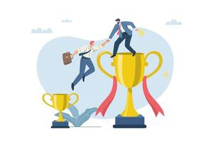 Support or consulting for business success, Businessman helps teammates to move from small trophy to big trophy, Business assistance, Team friendship. Flat design illustration. vector