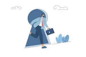 Unlocking the solution, Discovering key business opportunities, Businessman is running out of a keyhole door, Keys to Career and Business Potential, Flat design illustration. vector