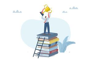 Businessman holding a trophy on a pile of books, Learning and education lead to great success, Creating business or career opportunities, The concept of development towards success, design. vector
