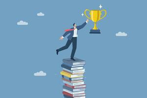 Learning and education lead to great success, Creating business or career opportunities, Concept of development to success, Businessman is about to grab a trophy, Flat design illustration. vector