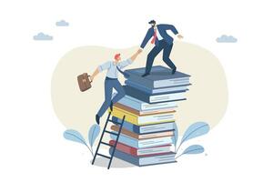 Businessman pulls teammate's hand up a pile of books, Opportunities for the advancement of business teams, Team support concept, Learning and new knowledge lead to great success. vector
