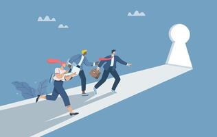 Business team run towards a brightly lit door ahead, Doorway to business or career opportunities, The concept of access and success, The door to success, Progress in organizational problem solving vector
