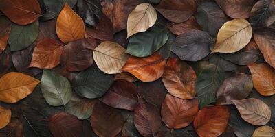Leaves in various shades of brown, orange, and green create an abstract pattern on a dark background. photo