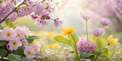 Vibrant spring garden showcasing a variety of blooming flowers in soft sunlight with colorful petals and lush greenery in a serene park setting photo