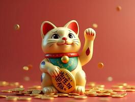 traditional Maneki-neko with a Golden Coins with a raised paw, joyfully reaching out as golden coins fall around it, creating a whimsical, festive atmosphere photo