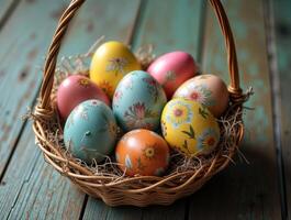 Happy easter. Happy easter, Easter painted eggs in the basket on wooden rustic table with spring flowers snowdrops. The concept of Easter. easter basket fill with easter eggs and flowers photo