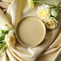 Cream on background of roses and cloth. Cream texture mockup, jar of cream in water with wave texture on light background. Natural cosmetics for skin care concept. Image for your design photo