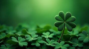 Festive St. Patrick's Day Banner, abstract St Patrick background with clover on green backdrop. Background of green clovers against a green background for a Saint Patrick's Day themed advertisement. photo