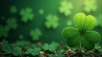 St Patrick's Day background featuring a shamrock on a green backdrop. Concept of luck and St. Patrick's Day, green background for Saint Patrick's day advertisement photo