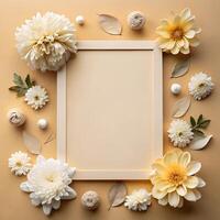 Empty frame with white flowers on beige background, template, mockup for printing design, certificate, poster, menu. thin wood vertical frame mockup for art and quotes photo
