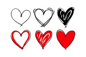 Set of hand-drawn hearts in black, red, and white on a plain white background. Concept of love, romance, and artistic expression. Valentine's day illustration. vector