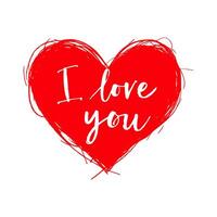 A red heart with scribbled edges featuring handwritten I love you text in white, set on a plain white background. Valentine's day illustration. vector