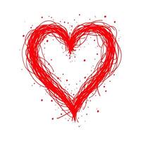 Red heart with scribbled lines and artistic ink splatters, set on a white background. Concept of love, passion, and creativity. Valentine's day illustration. vector