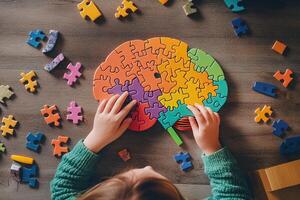 children's hands collect a multi-colored puzzle in the shape of a brain, top view photo