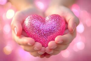 close-up pink glitter heart in hands on light blurred bokeh background with sparkles photo