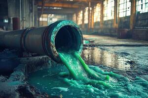 close up of green toxic waste pouring out of a pipe in factory, environmental hazard concept photo