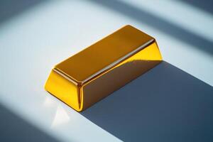 photo of a gold bar placed diagonally on a pale gray surface, modern composition with subtle shadows created by directional lighting