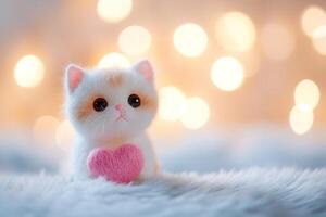 cute small toy cat holding pink heart on blurred bokeh background with copy space photo