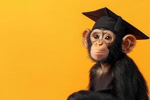 cute monkey wearing graduate cap on yellow background with copy space photo