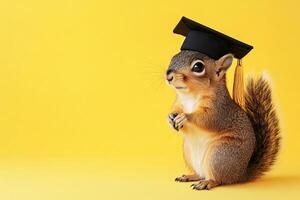 cute fluffy squirrel wearing a graduation cap on a yellow background with copy space photo