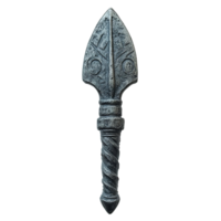 Close-Up View of Rusty Iron Arrowhead Featuring Ancient Decorative Etchings and Textures on Transparent Background png