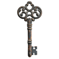 Old key with a gold and silver design on a transparent background png
