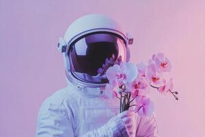 astronaut in white space suit with a bouquet of delicate orchids flowers on light pink background photo