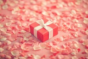 romantic postcard top view small pink gift box with white ribbon surrounded by rose petals photo