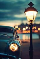 vertical image close-up retro car under a lamppost with blurred bokeh city background at evening photo