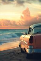 vertical image red retro car is parked on the beach with the ocean in the background at sunset or sunrise photo