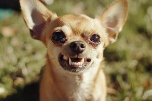 close-up of an aggressive little chihuahua dog looking angrily and baring its teeth photo