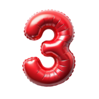 3D Red Balloon in the shape of number Three isolated on transparent background png