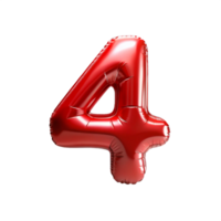 3D Red Balloon in the shape of number Four isolated on transparent background png