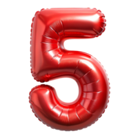 3D Red Balloon in the shape of number Five isolated on transparent background png