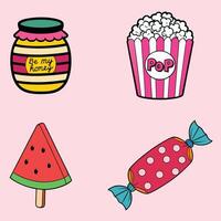Kawaii Cartoon Food Set with Honey, Popcorn, Watermelon, and Candy vector
