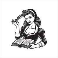 Stylish Librarian Pinup Girl Reading vector