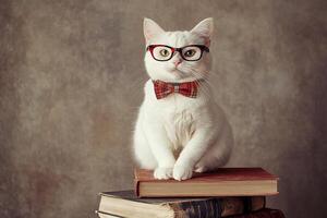 adorable fluffy white cat in glasses and red bow tie sitting on a stack of books on grey concrete background with copy space photo