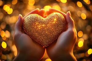 close-up of hands holding golden glitter heart on blurred bokeh background with sparkles photo