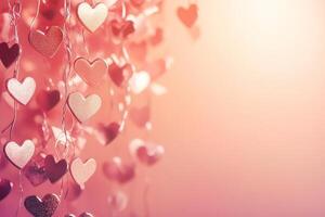 shimmering metallic heart garland cascading, surrounded by a soft gradient pink background, delicate composition with warm ambient lighting and copy space photo