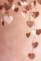 vertical image shimmering metallic heart garland cascading on soft gradient pink background, delicate composition with warm ambient lighting and copy space photo