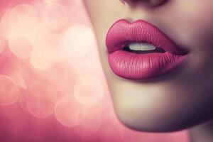 closeup of beautiful female lips with pink lipstick make up on bokeh blurred background photo
