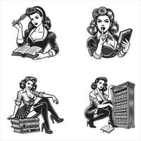 Retro Pinup Girl Librarian Book Bundle Design vector