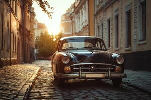 Retro car parked on a cobblestone street, framed with a three-quarter view, golden hour lighting with soft shadows photo