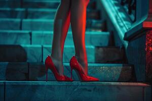 close-up of side view slender female legs in red high-heeled shoes on the stairs at evening photo
