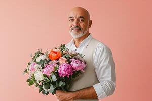 portrait elegant middle aged man with grey haired beard wearing white shirt holds bouquet of peonies flowers on pink background photo