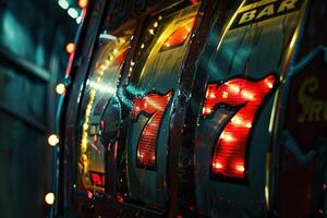 retro vintage slot machine showing a winning combination of three red sevens with lamps, lucky concept photo